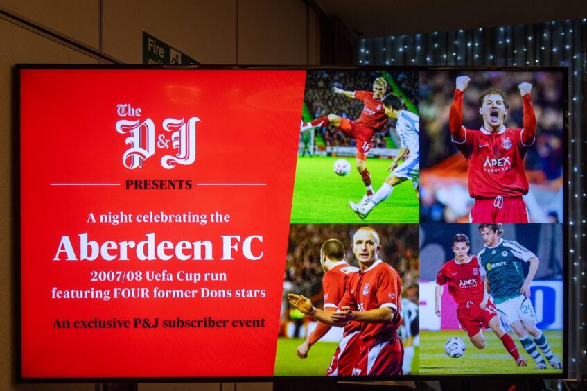 One of the screens at the Chester Hotel ahead of The Press and Journal/Evening Express subscribers' event reflecting on Aberdeen's 2007/08 Uefa Cup run. Image: Kami Thomson/DC Thomson.