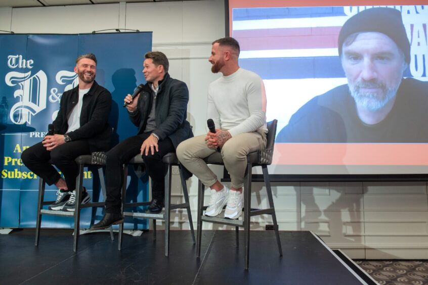Former Aberdeen players Lee Miller, Derek Young, Josh Walker and Jamie Smith (from the US) at the Chester Hotel for The Press and Journal and Evening Express subscribers' event on Tuesday night. Image: Kami Thomson/DC Thomson.
