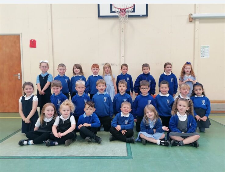 First class of 2023 at Kellands Primary School in Aberdeenshire, arranged in three rows in the gym hall, a basketball net on the wall behind them
