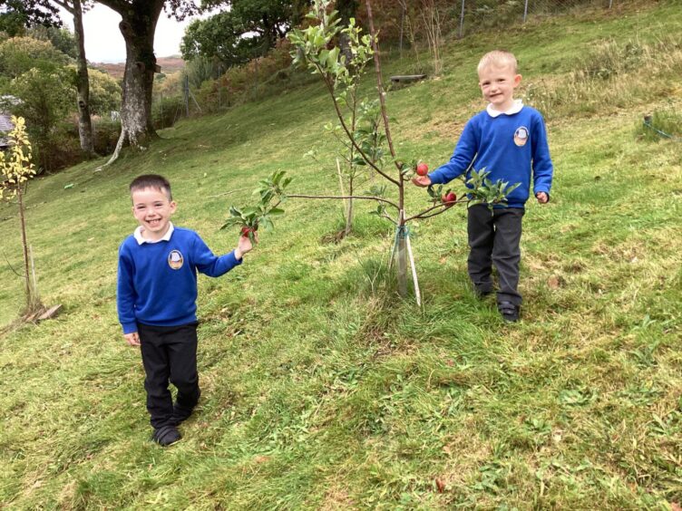 Two pupils standing next to a growing tree outside Kilninver Primary School.