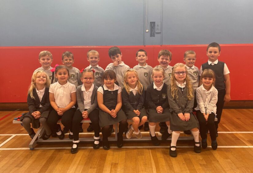 Class P1E at Kirkhill Primary School. The girl pupils are sitting on a bench and the boy pupils are standing in a row behind them
