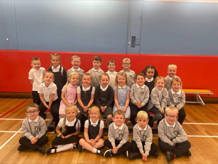 Pupils from class P1N at Kirkhill Primary School in three rows in the PE hall