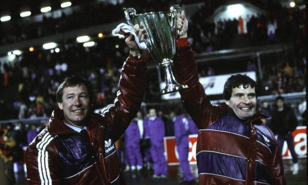 Alex Ferguson and Archie Knox with the European Cup Winners cup after Aberdeen beat Real Madrid 2-1 in 1983.