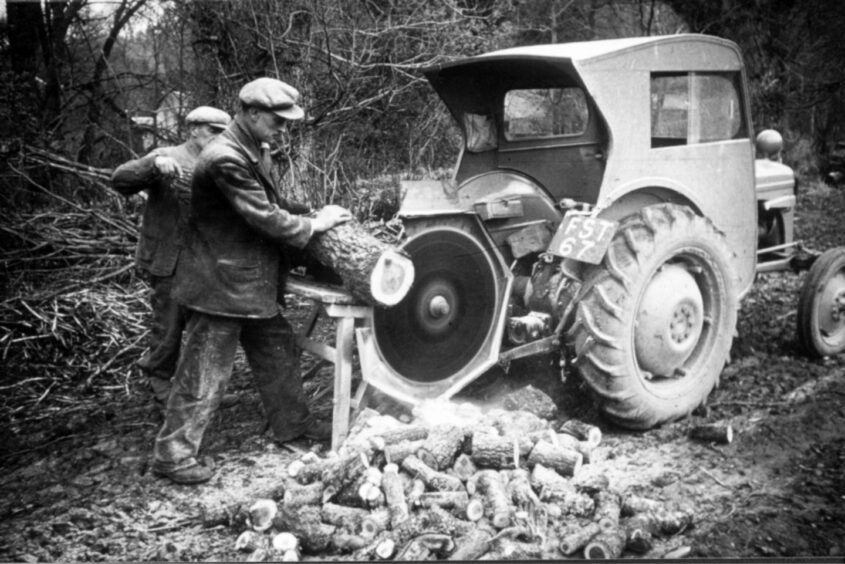 Two men cutting wood at Easter Moniack Farm near Inverness in 1953. They are using a dangerous-looking saw powered by a tractor.