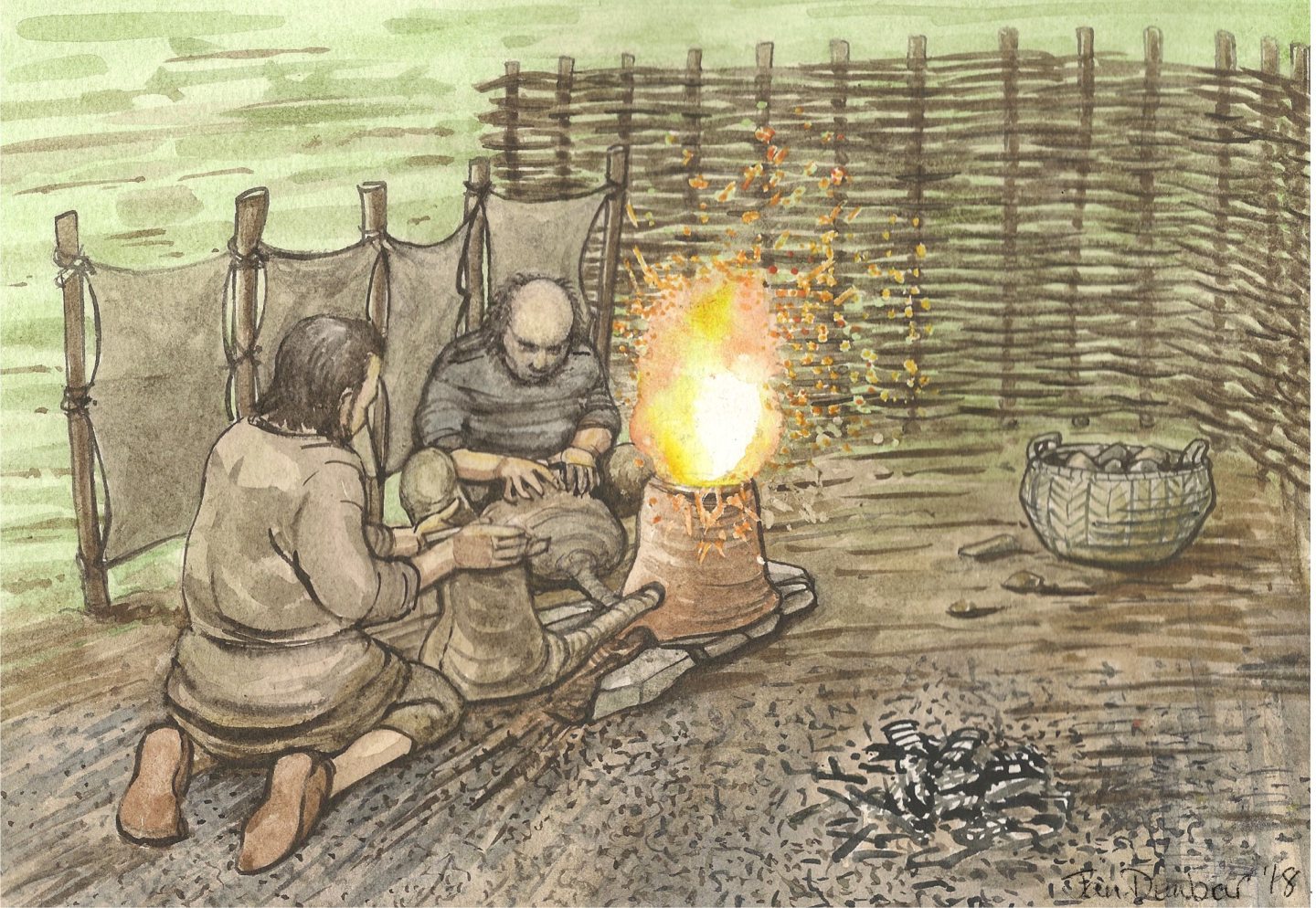 Illustration by artist Jan Dunbar of monks working around the hearth at Deer Monastery.
