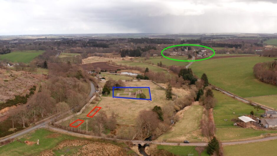 Archaeologists have received confirmation their dig has uncovered the long-vanished Deer Monastery. The green circle is the village of Old Deer; the blue area is the ruins of Deer Abbey (which was built later than the monastery); the red marks the approximate area of the two trenches for the archaeological dig. Pic: Midas Media.