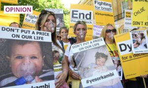 Campaigners protest in London during 2017 over the lack of availability of a 'life-saving' cystic fibrosis drug, Orkambi. Image: Facundo Arrizabalaga/EPA/Shutterstock