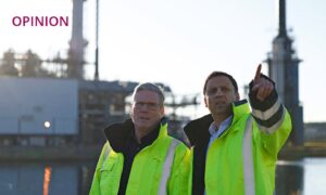Labour leader Sir Keir Starmer (left) with Scottish Labour leader Anas Sarwar, during a visit to St Fergus Gas Terminal, a clean power facility in Aberdeenshire. Image: Jeff J Mitchell/PA Wire