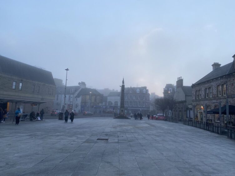 Thick fog hovers over Falcon Square in Inverness city centre