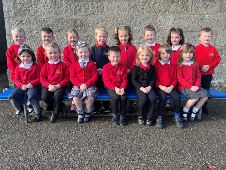 New Pitsligo and St John's Primary School P1-2 pupils in two rows with a granite wall behind them