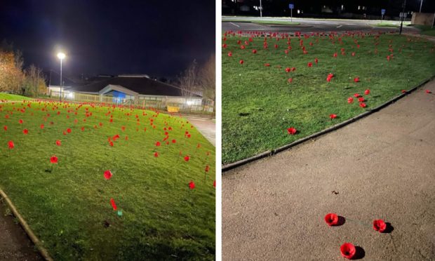 The display on the left, before it was wrecked by vandals, right. Pictures: Lucy Birks