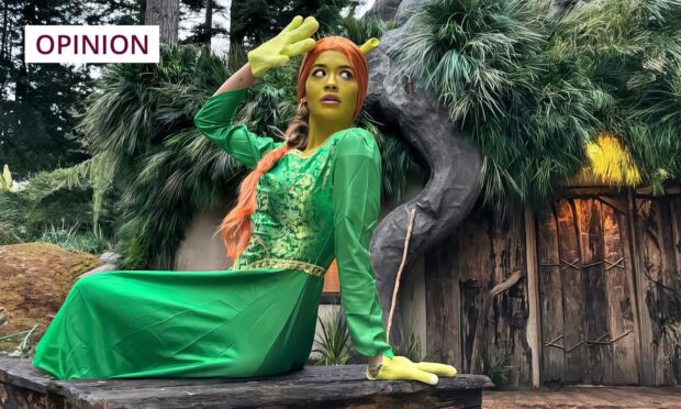 Rita Ora dressed as Fiona at the Shrek-themed Airbnb at Ardverikie Estate in Kinloch Laggan. Image: Airbnb.