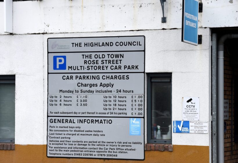 Parking charges sign at Rose Street multi-storey car park in Inverness, where free parking will be available in the lead up to Christmas.