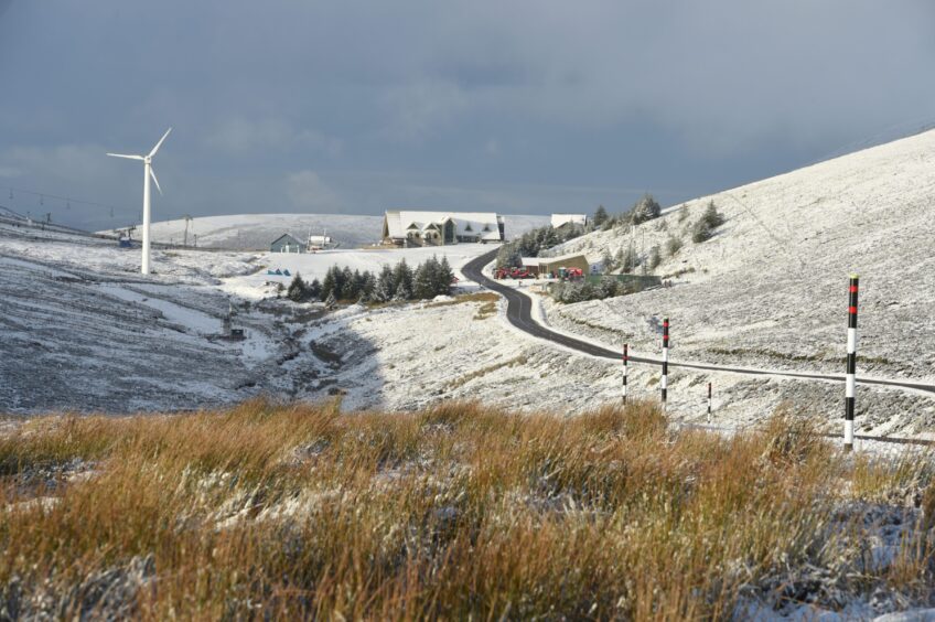 Snow fall at the Lecht Ski centre in the Cairngorms