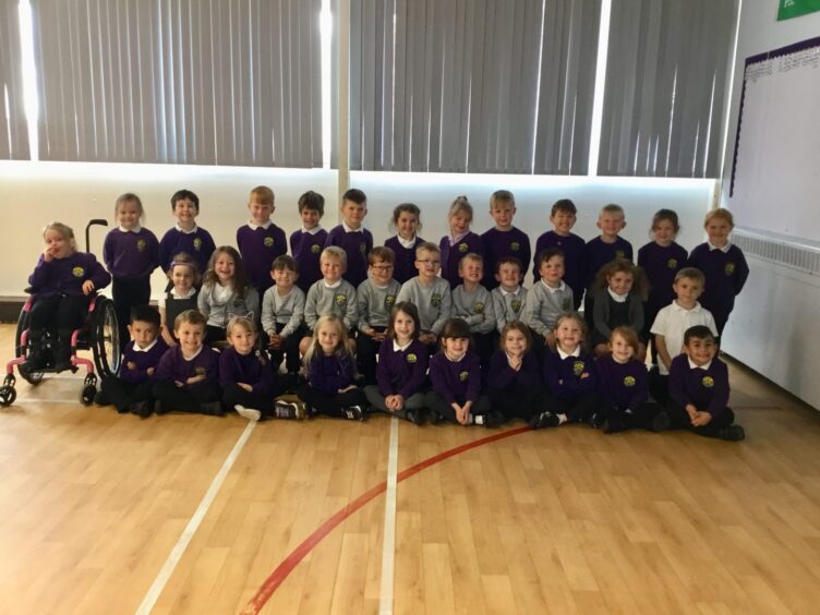First class of 2023 at Portlethen Primary School in Aberdeenshire in three rows in the PE hall.