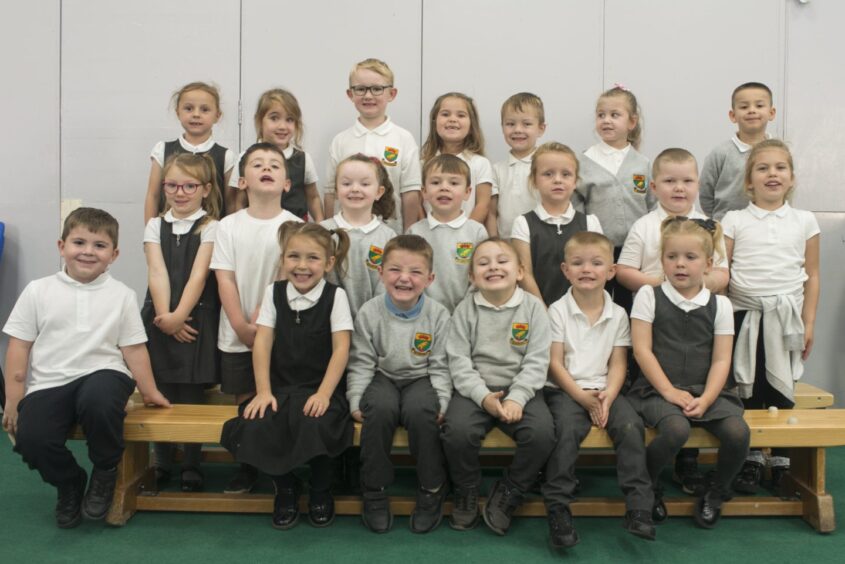 Class P1M at Quarryhill Primary School in three rows