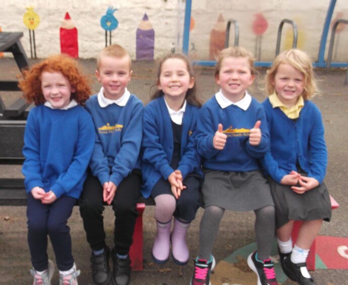 Five primary 1 pupils on a bench outside Rayne North School.