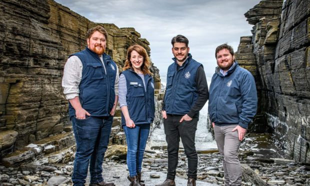 Co-founders Alex MacDonald (L) and Struan Mackie (R), head distiller Greg Benson (RM) and brand ambassador Laura Pearce (LM) in Forss, Caithness. Image: North Point Distillery