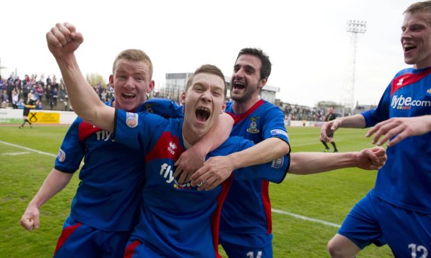Gavin Morrison (centre) celebrates after scoring the last goal for ICT in the 7-0 victory at Ayr United in April 2010. Image: SNS Group