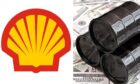 Shell logo alongside oil barrels and dollar bills.