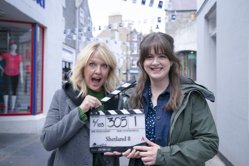 ashley jensen and allison o'donnell on set of shetland tv series 8