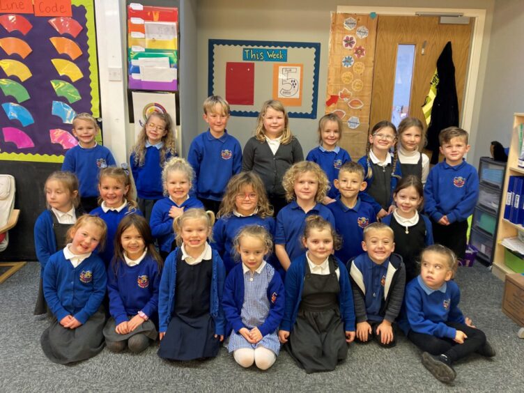 Smithton Primary School's P1JB in three rows in their classroom