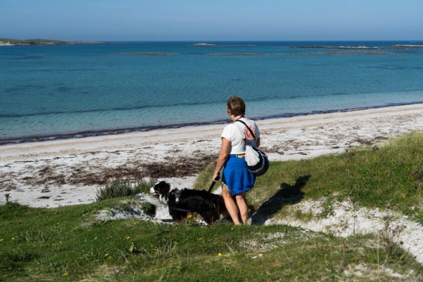 A woman walks her collie dog down to a beach, following the Machair soundwalk.