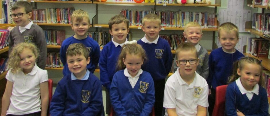 First class of 2023 at St Combs Primary School in Aberdeenshire sitting in two rows in the library