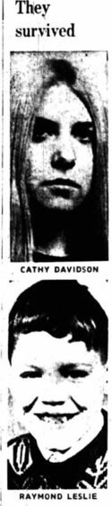 A newspaper clipping with the line 'They survived' above two photos, one of Catherine Davidson and Raymond Leslie