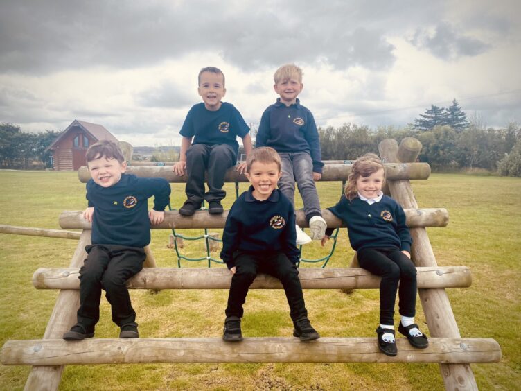 Thrumster Primary School's primary one - consisting of five pupils - are all sitting on wooden climbing bars