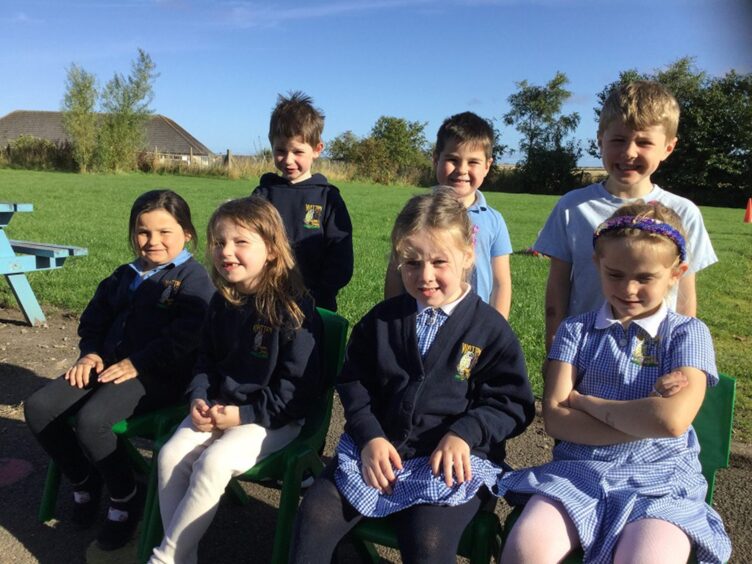 First class of 2023 at Watten Primary School in the highlands and islands. Four girls are sitting on a park bench and three boys are standing behind them.