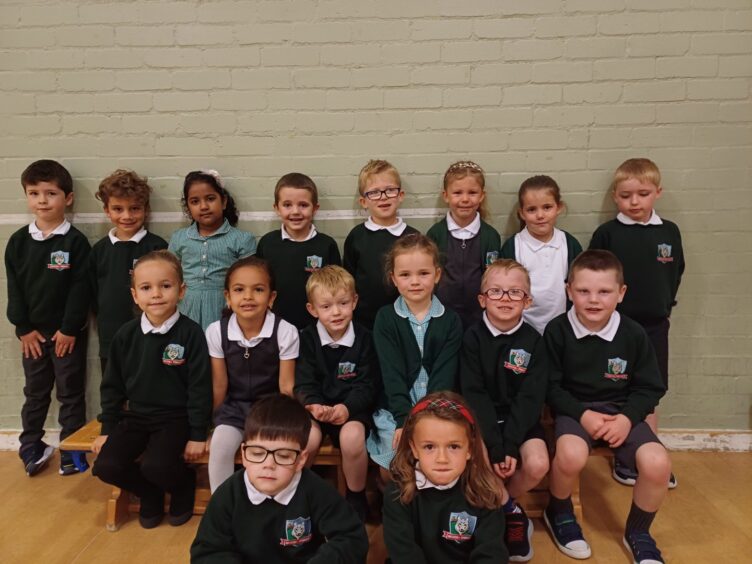 Class P1A at Westhill Primary School standing and sitting in three rows in the gym hall. They are the first class of 2023 at the Aberdeenshire school