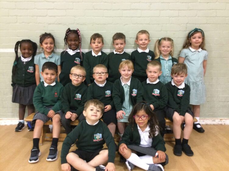 Class P1B in the gym hall at Westhill Primary School