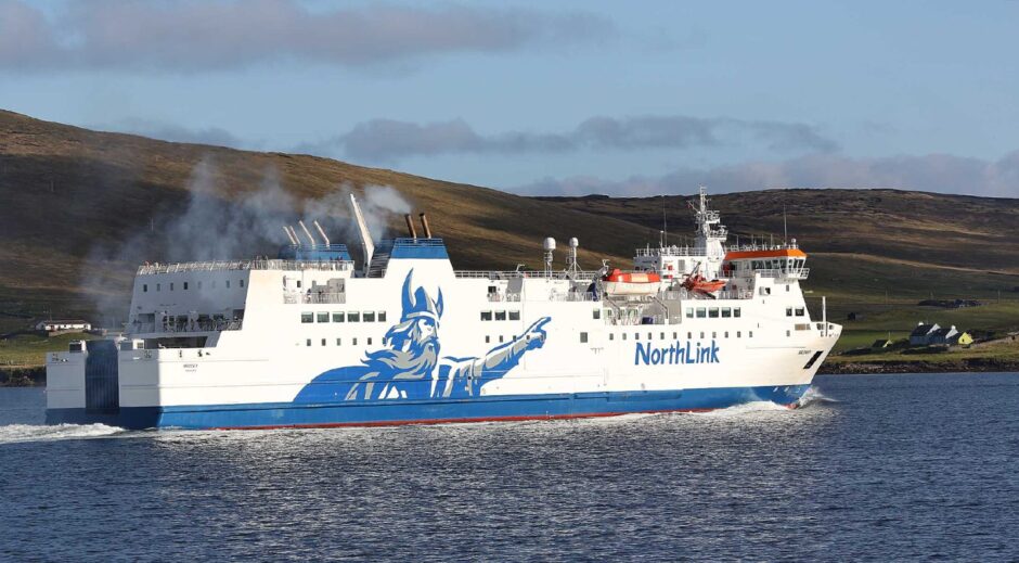 MV Hrossey sailing between Shetland and mainland Scotland. 