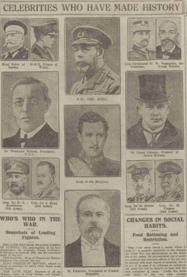A rogue's gallery from the P&J of 12/11/1918 of main political players in WW1, including King George V and the Prince of Wales; Prime Minister Lloyd George and President Woodrow Wilson. 