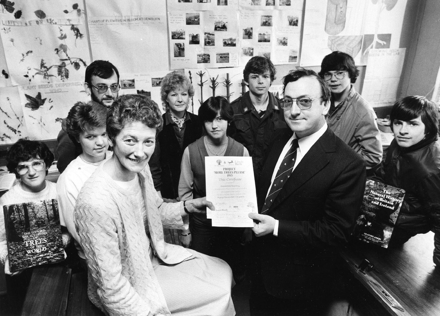 1983: Pupils in the fourth-year CSE Biology class at Summerhill Academy, Aberdeen, were highly commended in the senior section of the Tree Council's youth education project. Bill Salkeld, from sponsors Lloyds Bank plc, hands over their prize of a cheque for £50 to head teacher Patricia Cormack. 