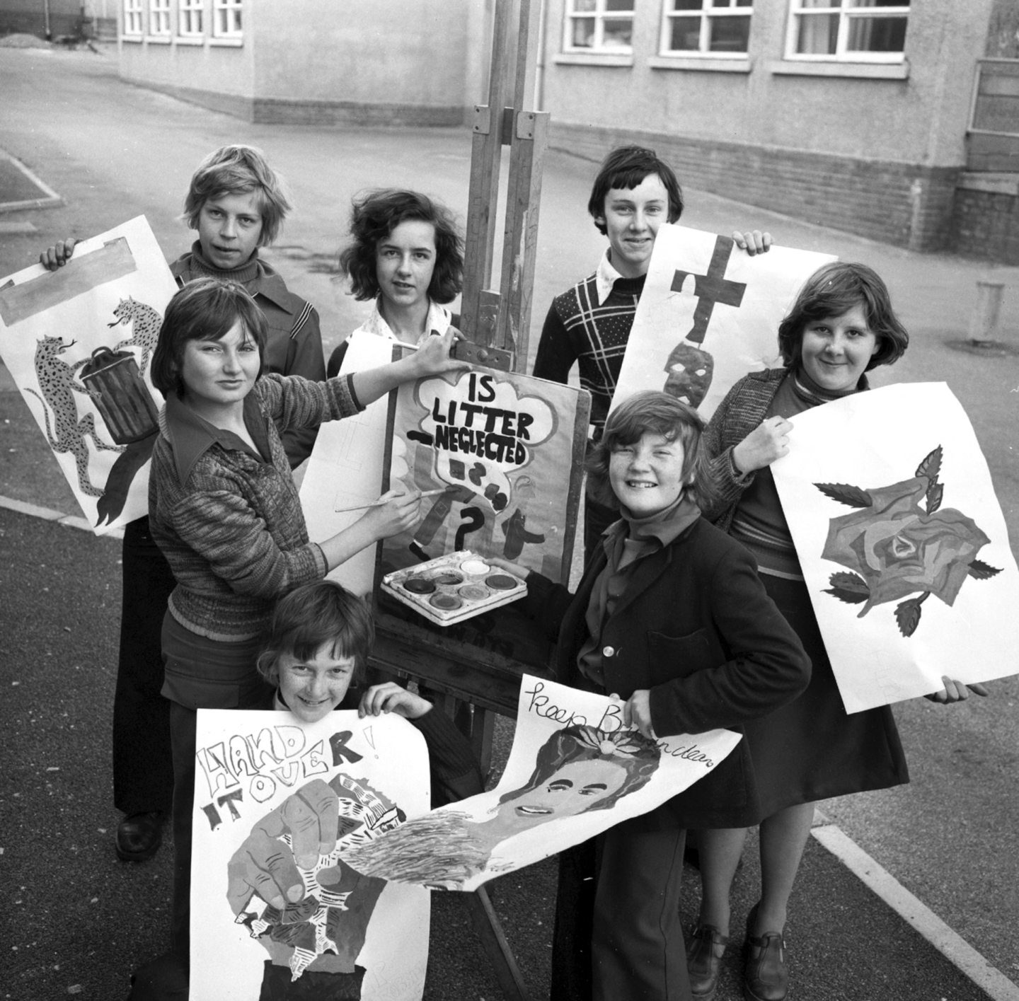 Pupils holding up posters they made for an anti-litter campaign run by the Junior Chamber Aberdeen in 1977.