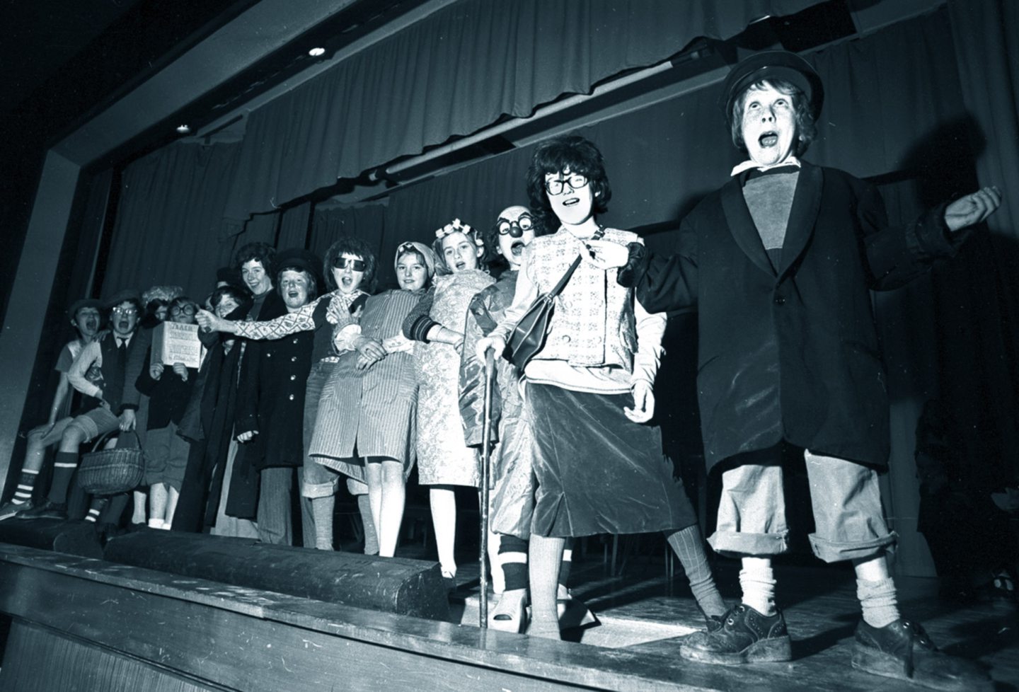 Dressed up as janitors and cleaners, pupils of Summerhill Academy, Aberdeen, in rehearsal for their production of Skool Sketches which they presented in March 1977.
