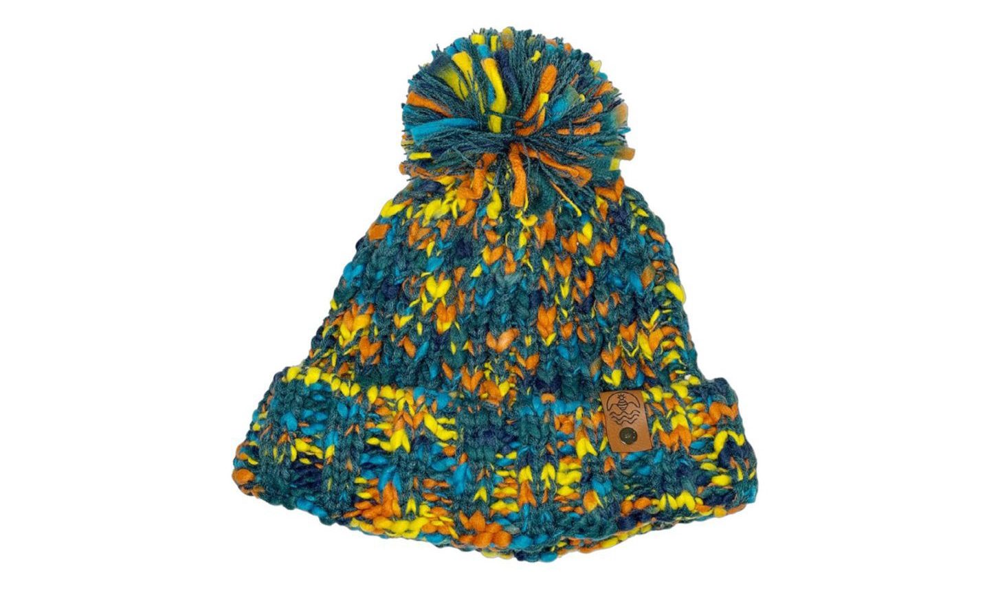 A multicoloured bobble hat.