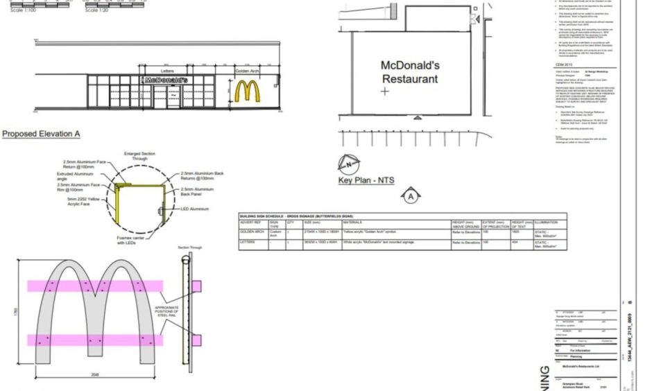 Snapshot of planning application lodged with Highland Council to erect the McDonald's famous golden arches sign at the Aviemore branch.