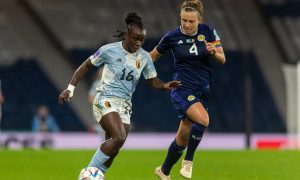 Scotland captain Rachel Corsie comes up against Welma Fon of Belgium in a Nations League match at Hampden.