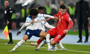 Bojan Miovski (R) of North Macedonia in action against Rico Lewis (L) of England. Image: Shutterstock.