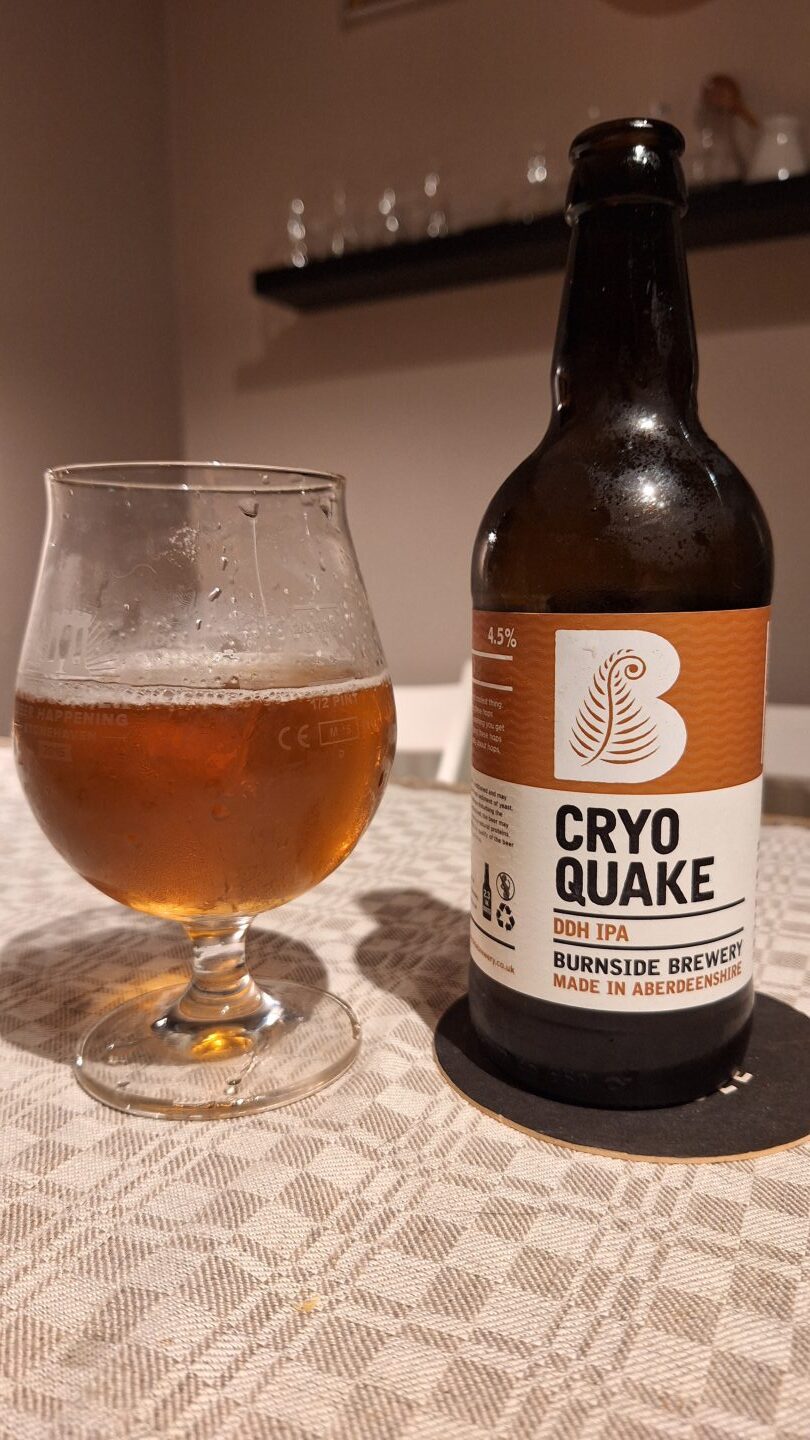Burnside Brewery's Cryo Quake beer poured in a glass. 