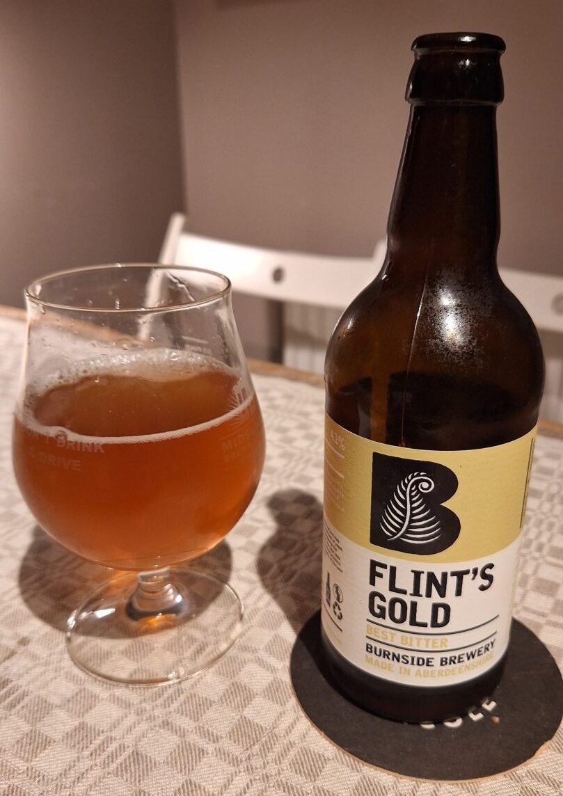The Flint's Gold bitter from Burnside Brewery poured into a glass. 
