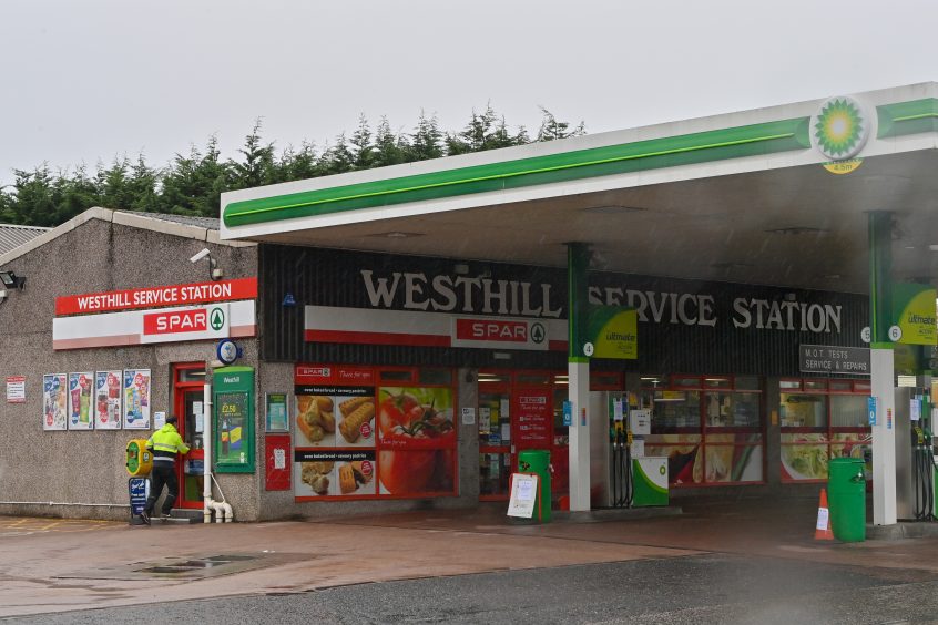 The exterior of Westhill Service Station and its forecourt. 