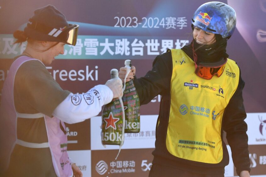 Skier Kirsty Muir celebrating during the awards ceremony at the World Cup event in Beijing, before her injury