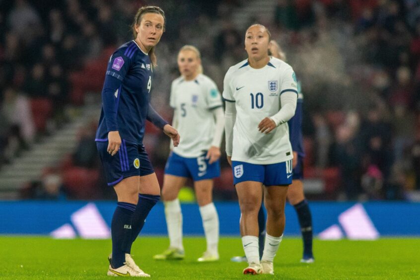 Scotland Women captain Rachel Corsie in action during the Nations League match against England at Hampden