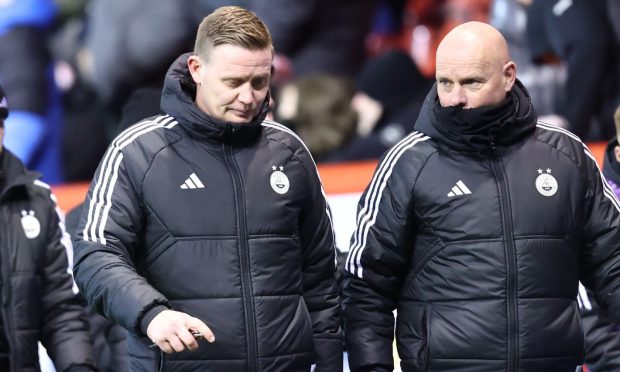 Aberdeen manager Barry Robson, left, during the cinch Premiership defeat to Kilmarnock.