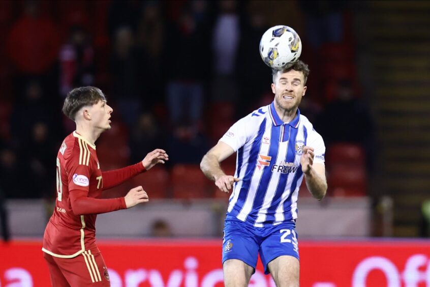 Kilmarnock's Marley Watkins, right, during the cinch Premiership match between Aberdeen and Kilmarnock at Pittodrie. Image: Shutterstock.