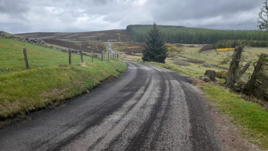 An Aberdeenshire road on the 2023 Ride the North route covered in gravel.